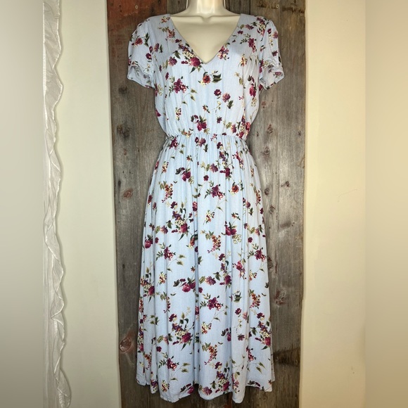 WAYF Blouson V Neck Blue Floral Print Midi Dress in Rayon Gauze sz S - Picture 16 of 16